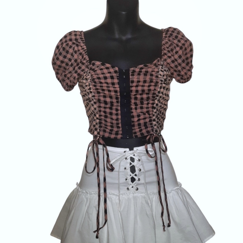 Gingham Corset Puff Sleeve Top Boho Cottage Coquette Y2K Prairie Crop Fairy M - Picture 8 of 8